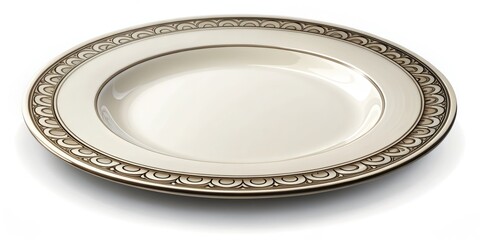 Stylish illustration of an empty dinner plate with ornate rim and subtle shading, set on a crisp white