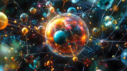 Sticker - 70. Futuristic depiction of a vibrant atom within a complex mineral-rich molecular network