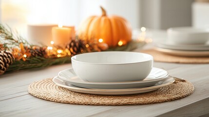 Poster - White Bowl and Plates on a Table Setting with Natural Elements.