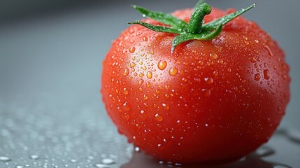 Wall Mural - A single, ripe, red tomato with water droplets on its surface, against a grey background.