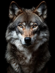  portrait of a wolf front face on dark background
