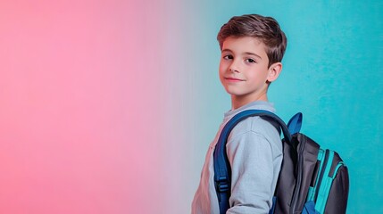 Wall Mural - Portrait boy student with backpack isolated on colorful background. Back to school banner