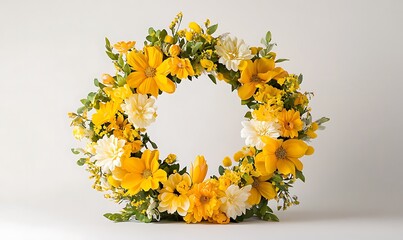 Wall Mural - A circular arrangement of yellow and white flowers with green foliage.