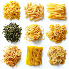 Assortment of dried pasta, including spaghetti, farfalle, and linguine, on a white background.