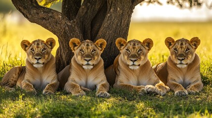 Wall Mural - Four Lionesses Under a Tree in the African Savanna