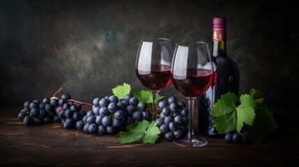 Fresh grape, grape wine bottle and glass