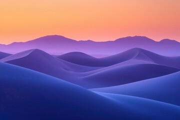 Wall Mural - Serene desert landscape at twilight with rolling sand dunes and mountains in the background.