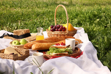 Canvas Print - Picnic basket, different snacks, juice and hat on green grass outdoors