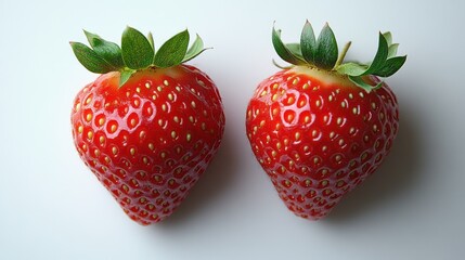 Two ripe red strawberries with green leaves on a white background.