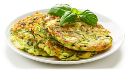 Closeup of two zucchini fritters with basil leaves on a white plate.