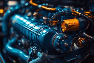 Close-up of a Blue and Gold Engine Block