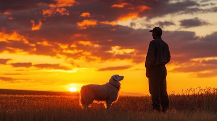 Wall Mural - Silhouettes of Man and Dog at Sunset