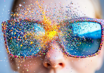 Close-up of a person wearing colorful sunglasses with glitter exploding around them.