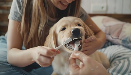 Wall Mural - Owner brushing teeth of cute dog at home