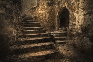 Wall Mural - Stone Steps Leading to a Dark Archway in a Crumbling Stone Building