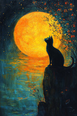 Wall Mural - A black cat sits on a cliff, gazing up at a large, glowing moon in the night sky.