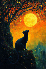 Wall Mural - A black cat gazes up at the full moon, illuminated by its warm glow, under a tree with yellow leaves.