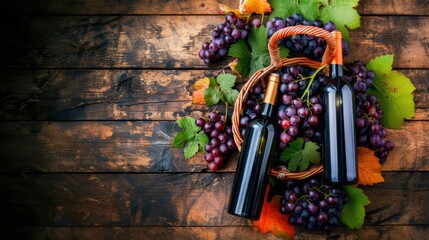 Fresh grape, grape wine bottle over texture background