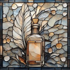 Wall Mural - Elegant stained glass artwork featuring a large feather and a clear glass bottle, set against a textured mosaic background in neutral tones.
