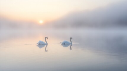 Wall Mural - Misty Morning Swans