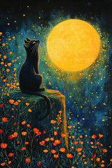 Wall Mural - A black cat gazes up at the glowing moon in a field of red flowers.