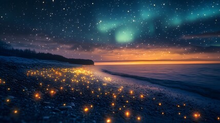fireflies lighting up a glowing beach, with a blanket of stars and vibrant northern lights in the ni