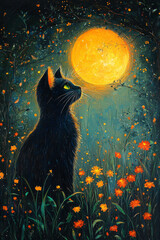 A black cat gazes up at a glowing full moon in a field of orange wildflowers.