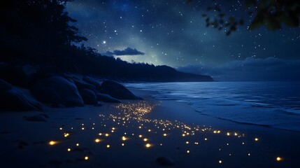a glowing beach lit by the northern lights, with fireflies and stars enhancing the serene atmosphere