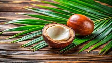 Vibrant close-up of a brown palm nut cracked open revealing creamy white interior surrounded by green palm fronds