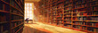 © Lila Patel - The Library Labyrinth: Row upon row of dusty book spines, wooden shelves stretching into the distance, a lone student hunched over a desk.