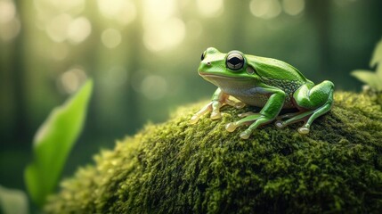 Wall Mural - Green Tree Frog on Mossy Rock