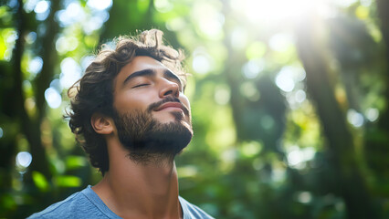 portrait of a young man taking deep breath fresh air with copy space. relaxation and well-being conc