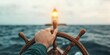 © ParinApril - A hand adjusting a ship s wheel towards a glowing lighthouse on the horizon, representing steering in the right direction toward success