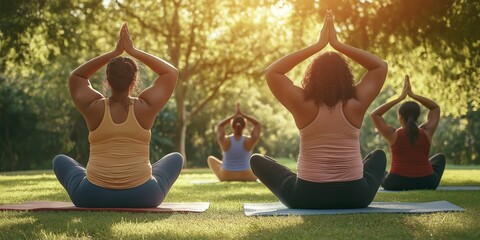 group of diverse plus-size women practicing yoga in the park, meditating in the sunlight, outdoor fi