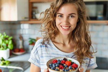 Young woman holding a bowl with granola and berries in the kitchen.