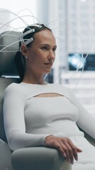 Aufkleber - Vertical Screen. Patient Engages in a Neurotechnology Procedure Within a High-tech Medical Environment, Wearing a Neural Headset. Advancements in Cognitive Enhancement and Brain-computer Interfaces.