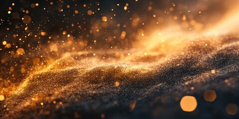 Wall Mural - Golden shimmering particles flowing in dark atmospheric abstract digital background