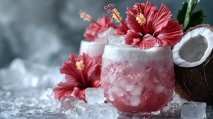 Wall Mural - Refreshing Tropical Cocktail with Hibiscus Flowers