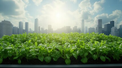 A vibrant urban garden growing lush vegetables under sunlight, showcasing the harmony between nature and city life.