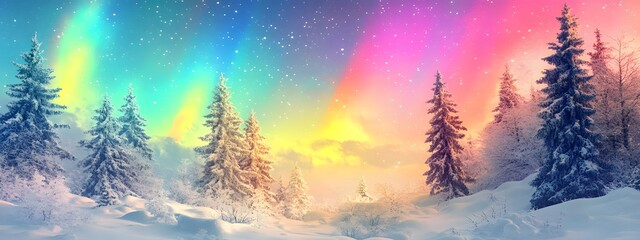 A snowy landscape with a vibrant aurora borealis in the sky, rendered in a digital art style with a rainbow of colors and fluid shapes