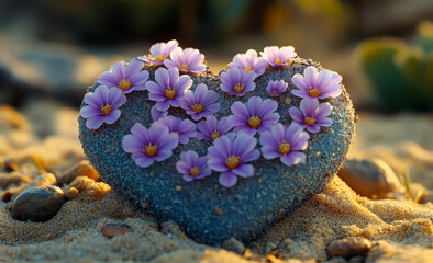 Wall Mural - A heart made of flowers is on the sand