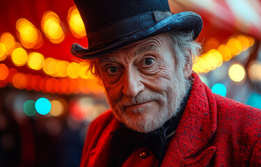 Wall Mural - A man wearing a black top hat and a red coat. He has a beard and a mustache. Sprechstallmeister. Circus host