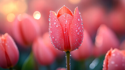 Wall Mural - A single pink flower with droplets of water on it is surrounded by other pink flowers. Concept of beauty and tranquility, as the flowers are in full bloom