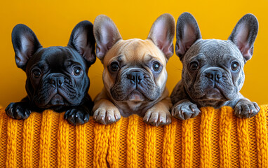 Wall Mural - Three puppies are sitting on a yellow blanket, looking at the camera. Concept of warmth and companionship, as the puppies seem to be enjoying each other's company