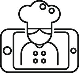 Sticker - Chef on smartphone screen icon, online cooking class concept, mobile ordering food thin line vector illustration