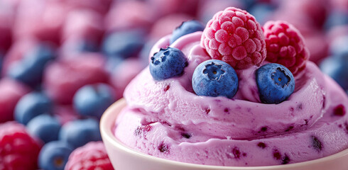 Wall Mural - A bowl of ice cream with blueberries and raspberries on top. The ice cream is pink and the berries are blue