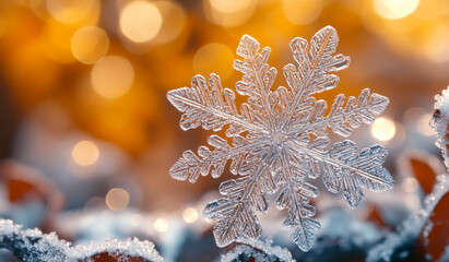 Wall Mural - A snowflake is sitting on a snowy surface. The snowflake is surrounded by a blurry background, which gives the image a dreamy and ethereal quality. The snowflake is the main focus of the image