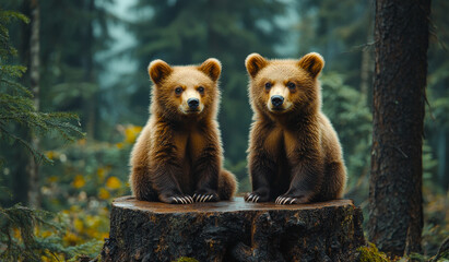 Two baby bears sitting on a log in the woods