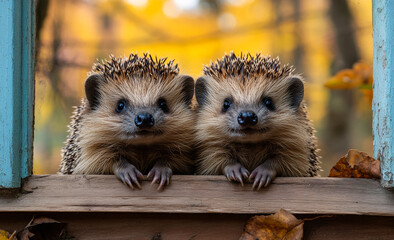 Sticker - Two baby hedgehogs are standing on a wooden ledge, looking at the camera. Scene is playful and cute, as the hedgehogs seem to be enjoying their time together