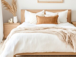 Sticker - Minimalist bedroom with wooden bed frame and natural decor.